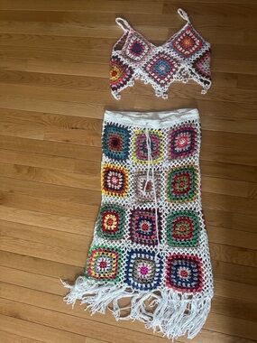 Handmade Crochet Two-Piece Set in White with Multicolor Squares